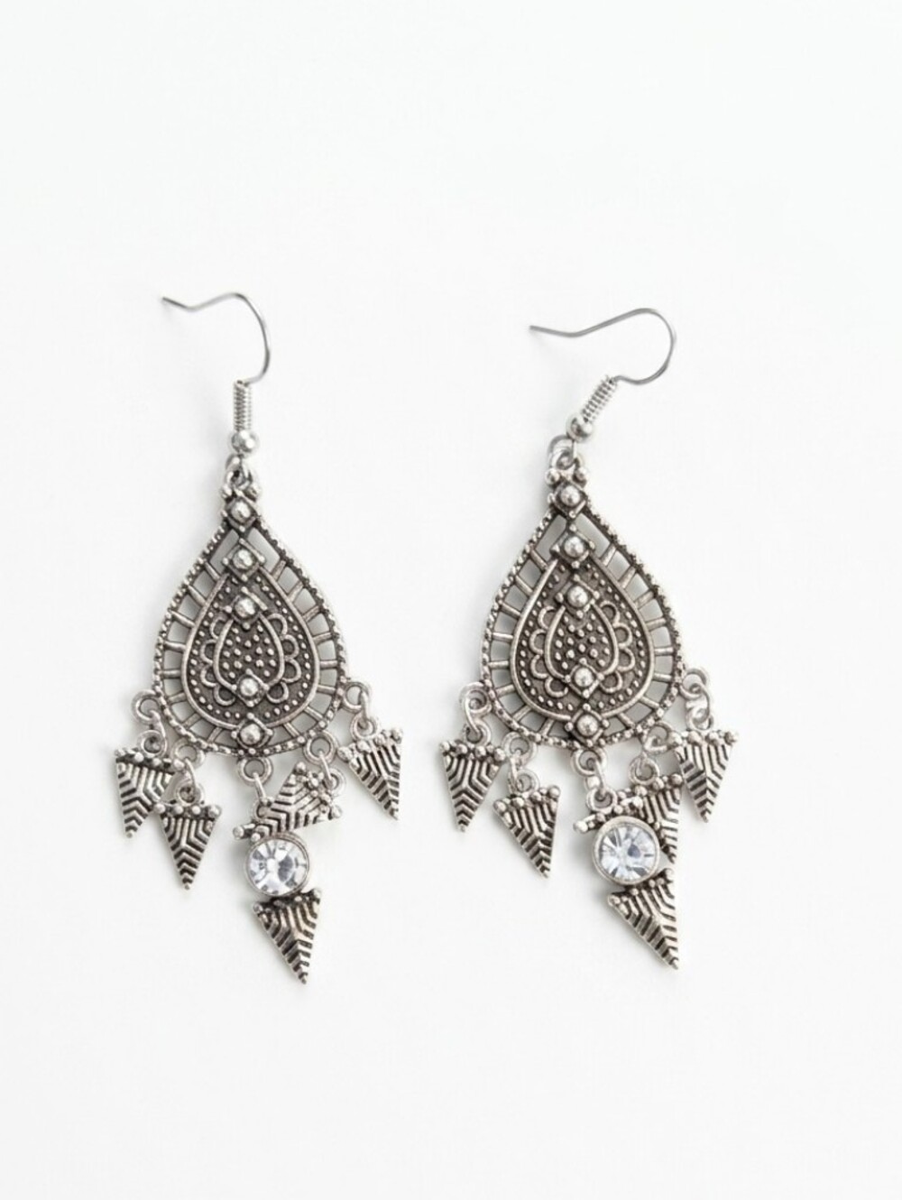 Antique Silver Ornate Chandelier Earrings with Crystal Rhinestone Dangles